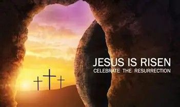 This is an image of an open tomb with the words Jesus is Risen Celebrate the Resurrection.