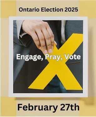 This is a graphic showing a hand holding a gold X with the words Engage, Pray, Vote in front of the X.