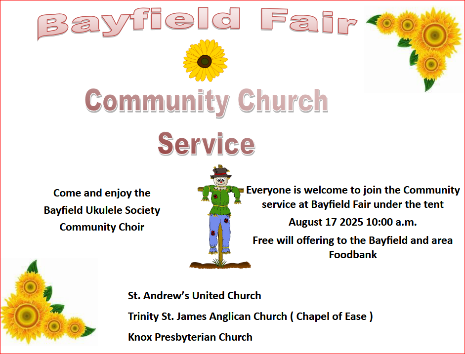 This is a poster introducing Sunday's service at the Bayfield Fair.