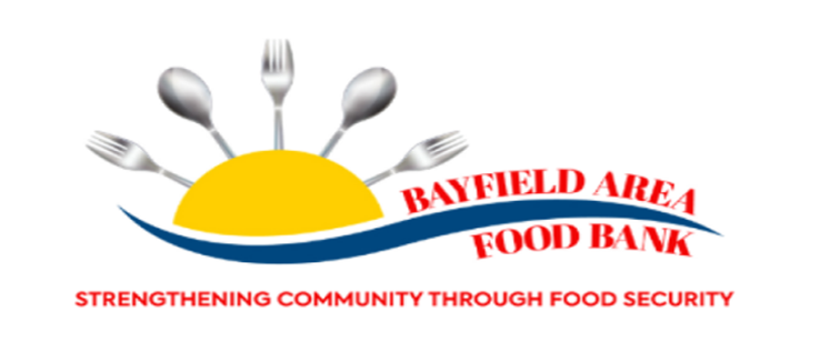 This is the logo for the Bayfield Area Food Bank. It says strengthening community through food security.