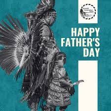 This is a graphic of an Indigenous man and his child.  They are both in full regalia.