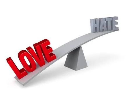 This is a graphic of a teeter totter.  The words LOVE and HATE are on each end the the LOVE side is weighted more.
