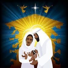 This is an image of the holy family with a star and angels overhead.
