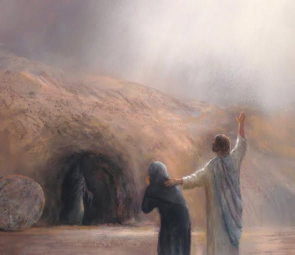 This is an image of Jesus standing before a tomb and a man is emerging from the tomb.