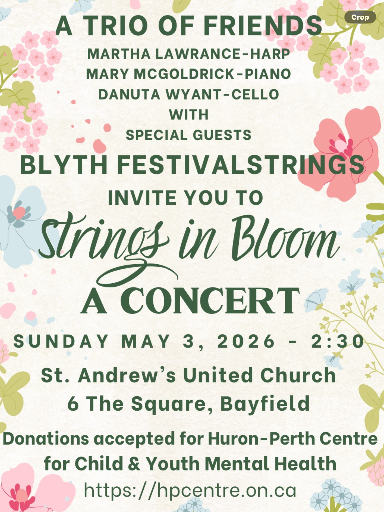 This is a poster for a Spring Concert on May 3rd at 2:00 p.m. at St. Andrew's Church, Bayfield.