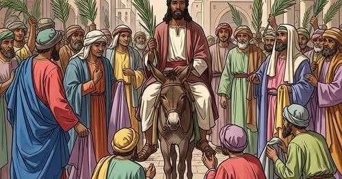 This is an image of Jesus riding a donkey into Jerusalem.