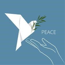 This is a graphic image of a dove of peace holding an olive branch in its beak.