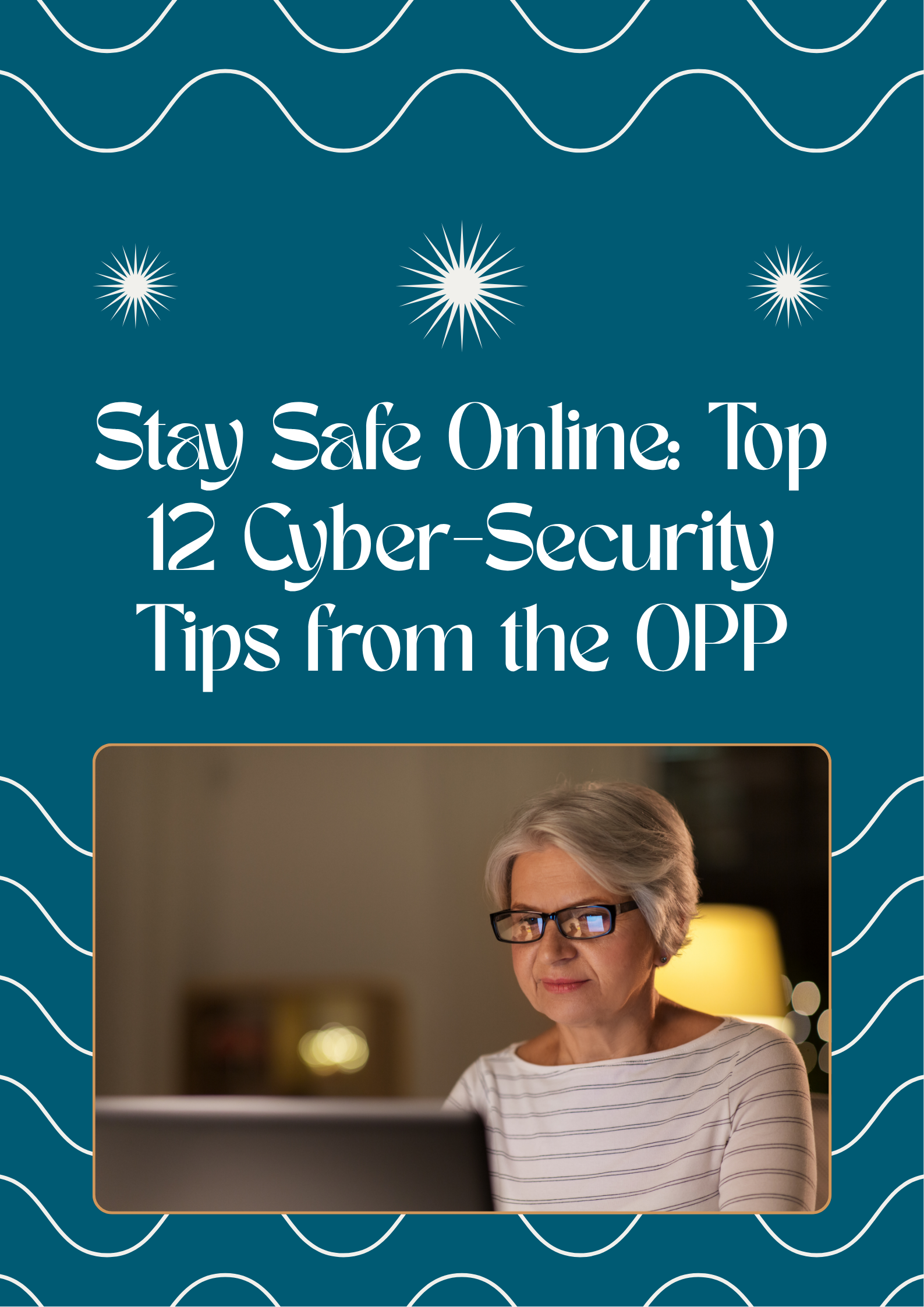 A poster saying Stay Safe Online: Top 12 Cyber-Security Tips from the OPP.