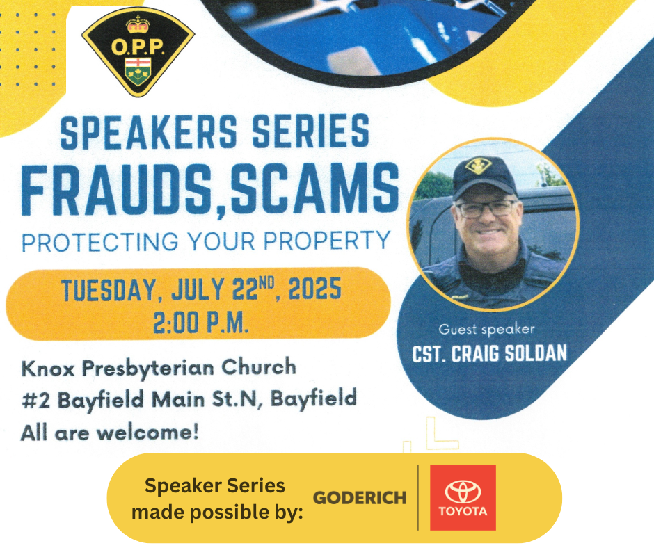 This is a poster advertising the Session on Scams at Knox church in Bayfield.