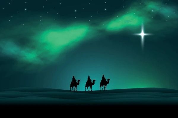 This is a graphic of the three wise men on camels following a star.