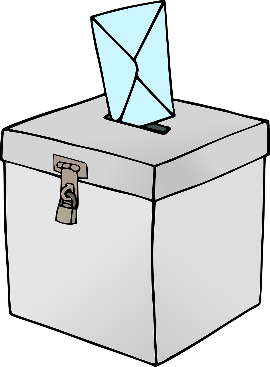 This is a graphic image of a ballot box with a ballot being placed into it.