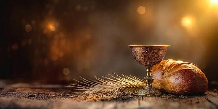 This is a photograph of a loaf of bread, a cup and a shaft of wheat.