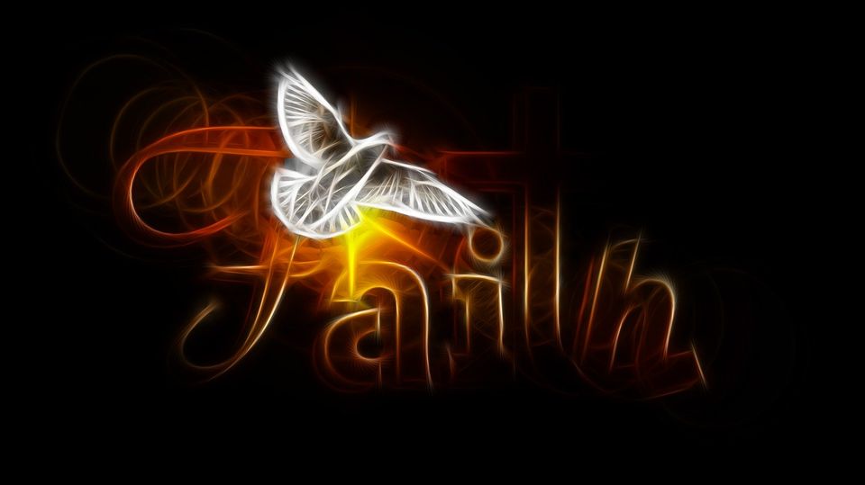 This is a photograph of a dove with the word Faith superimposed behind it.