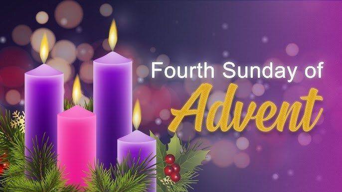 This is an image of four lit candles that says the Fourth Sunday of Advent.