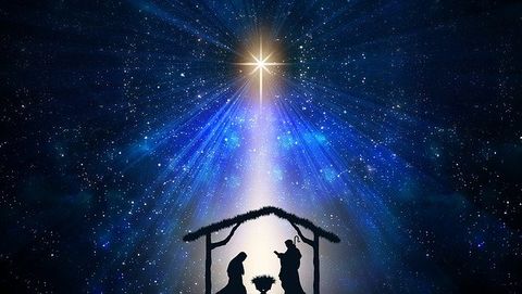 This is a graphic of Mary, Joseph and Jesus in the manger under the Christmas Star.