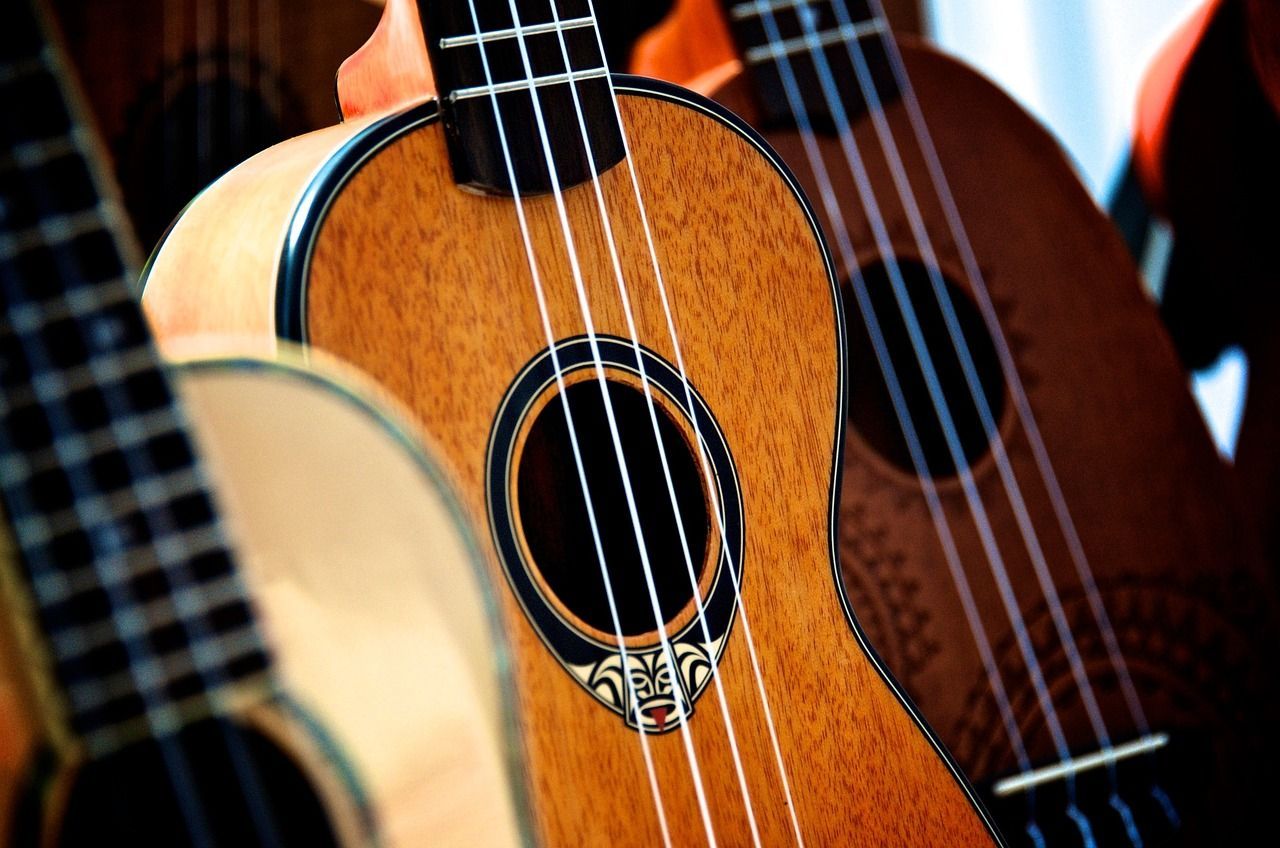 This is a photograph of three ukuleles.