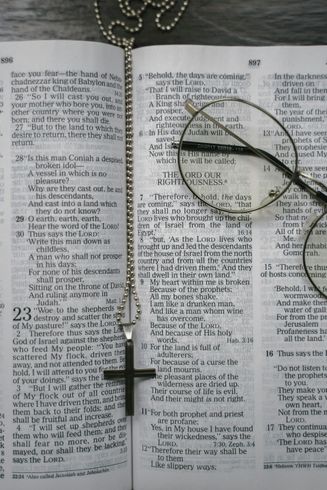 This is a picture of the bible with a pair of glasses on it.