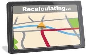 This is a graphic image of a GPS device with a map in the background and the word recalculating in the foreground.