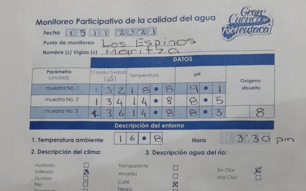 A piece of paper that says monitoreo participativo de la calidad del agua