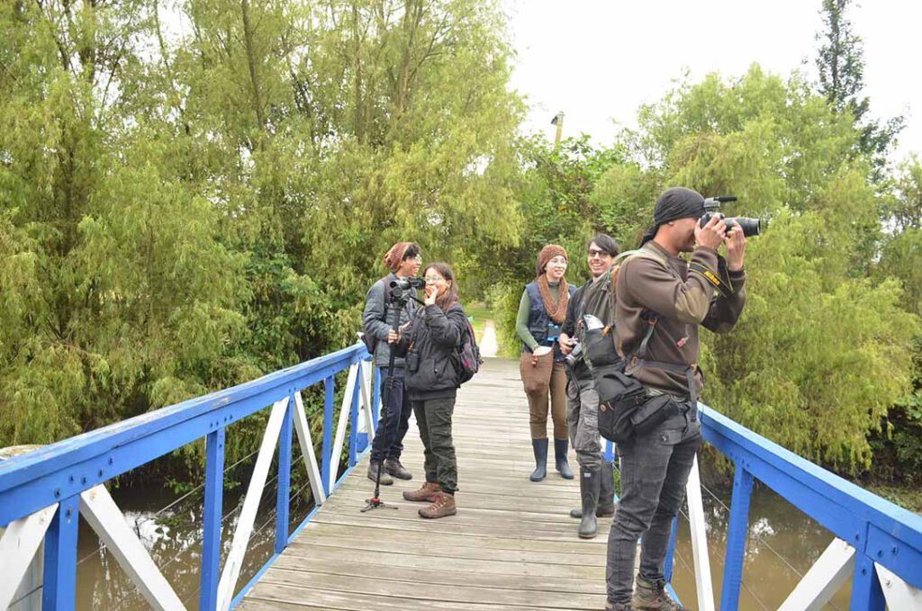 Un grupo de personas está de pie en un puente tomando fotografías.