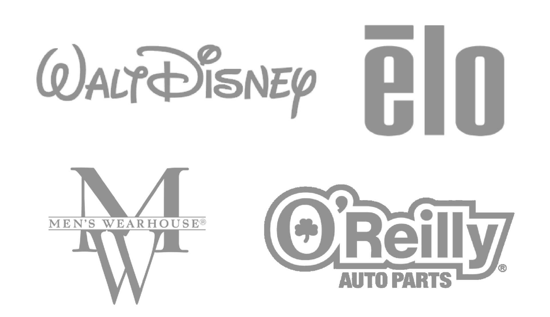 a group of logos including walt disney , elo , o'reilly auto parts , and men 's wearhouse