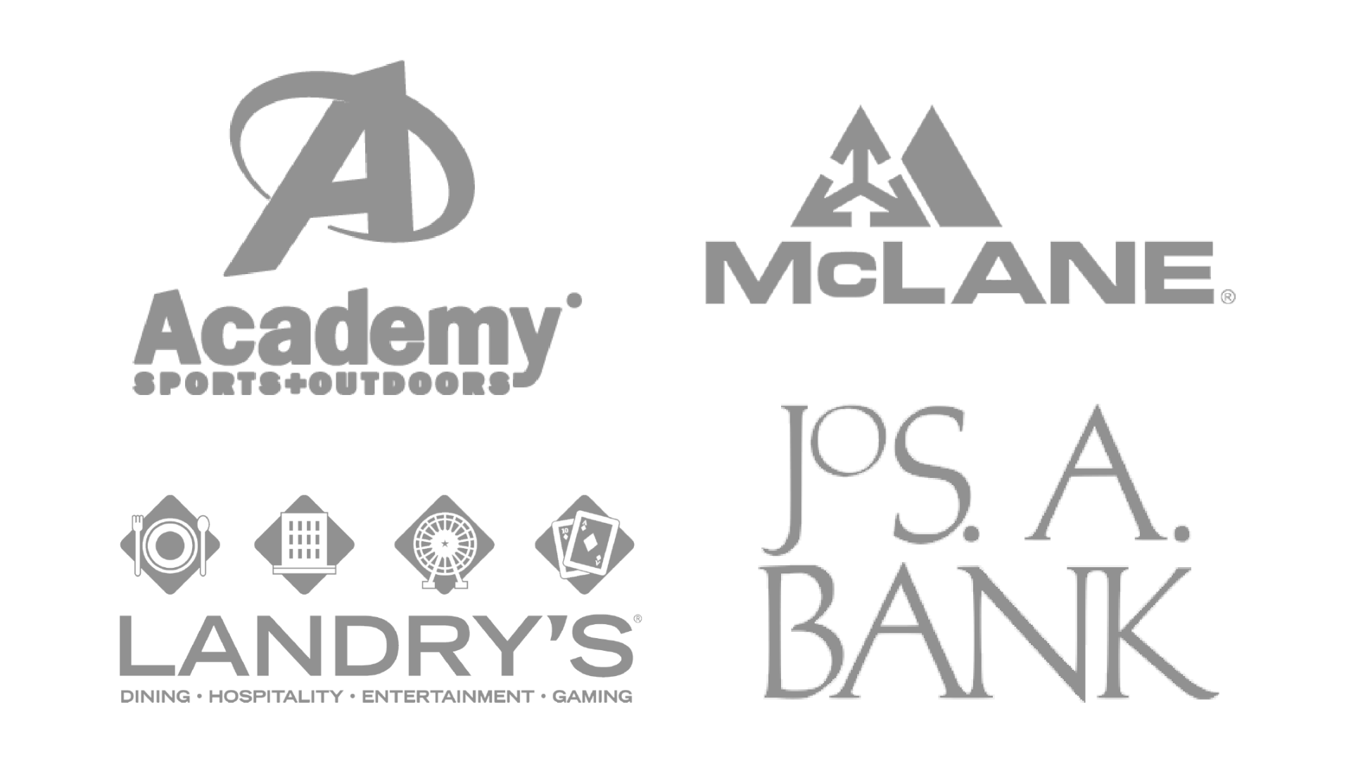 a group of logos including academy , mclane , landry 's bank , and jos a bank .