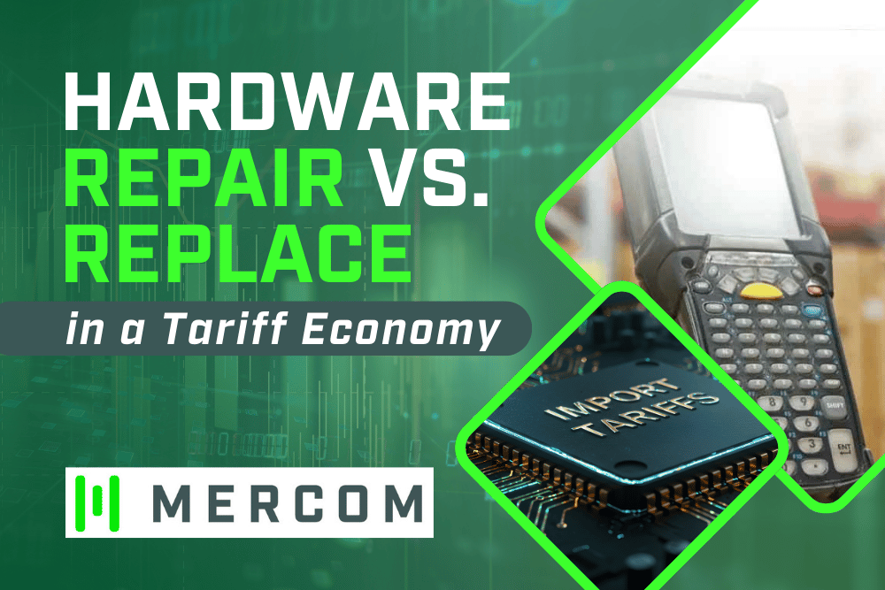 Green graphic: Hardware repair vs. replace in tariff economy. Features handheld scanner and circuit board.