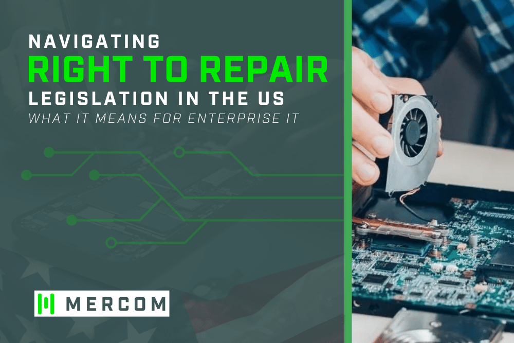 Text overlay on a dark background discussing Right to Repair legislation. A person repairs a circuit board on the right.