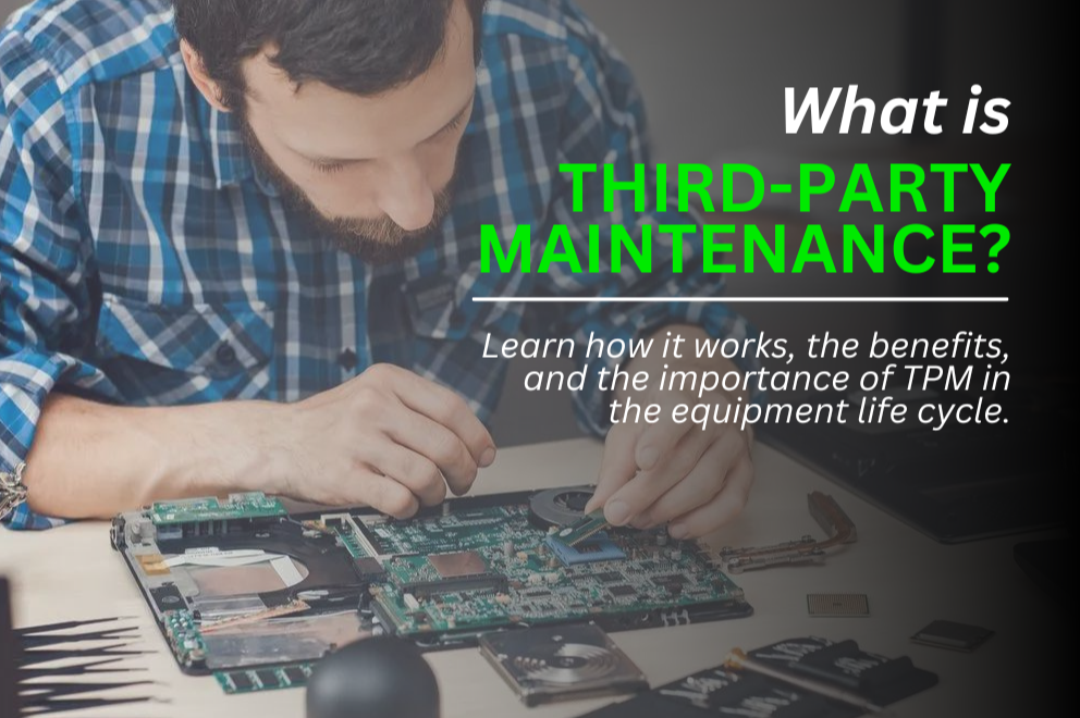 a man in a blue, plaid flannel is providing third party maintenance to hardware 