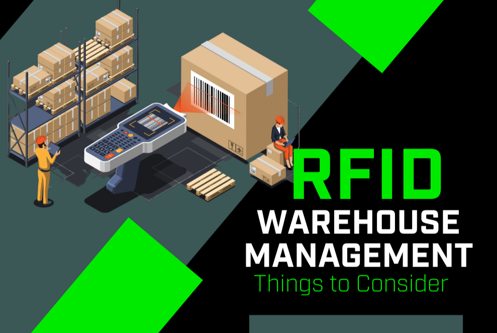 poster with cartoon imagery of oversized packages and rfid warehouse management.