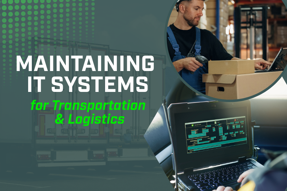 Man in blue overalls scans boxes and uses a laptop, next to a truck. Text: 