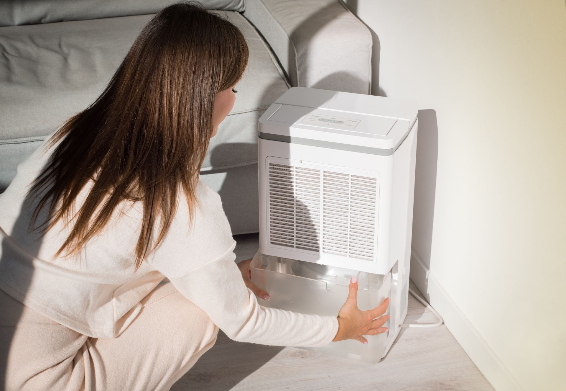 A person removes the clear water tank from a white dehumidifier placed in the corner of a room near a sofa.