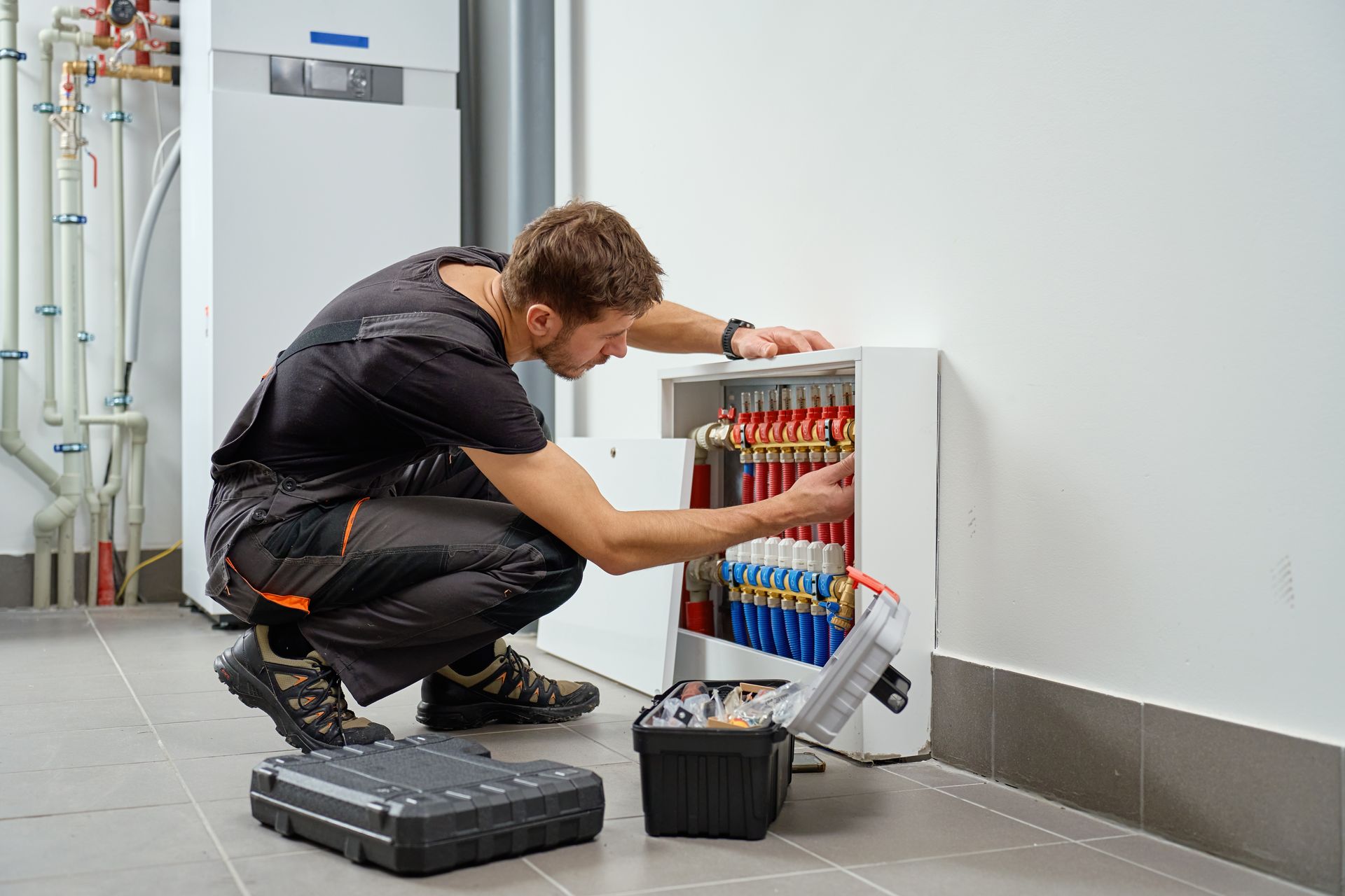 A technician in workwear kneeling to service a wall-mounted radiant heating manifold in a utility room.