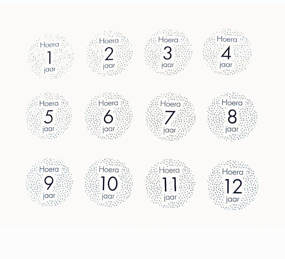 Cijfer sticker 1 t/m 12  jaar Hoera Wit! (set van 10 stuks)