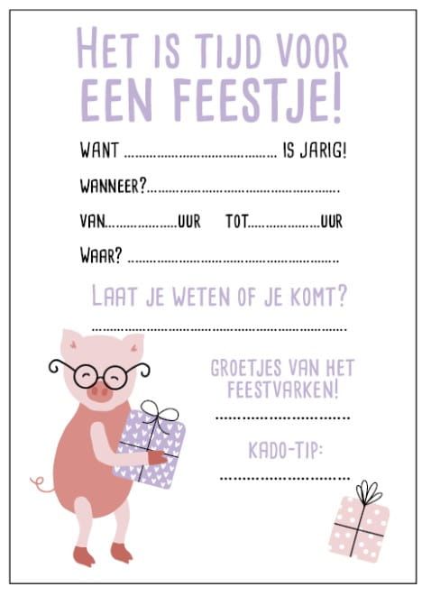 Uitnodiging Feestvarken  (set van 10 stuks)