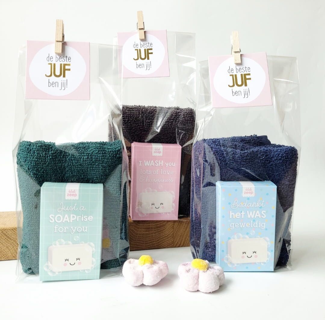 Kadopakketje Zeepje voor de Juf (diverse kleuren en zeepjes)