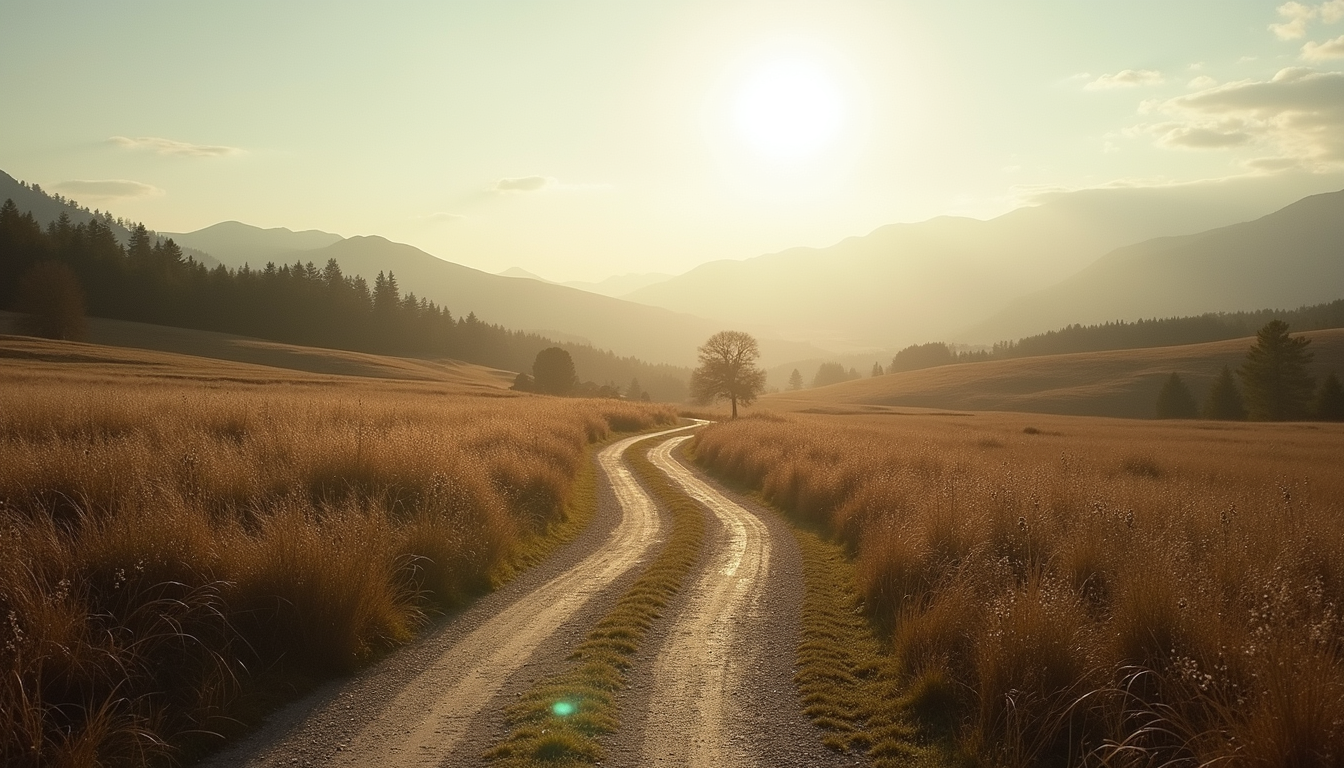 A winding dirt road through a golden field leads to a distant tree and mountains, under a bright sun.