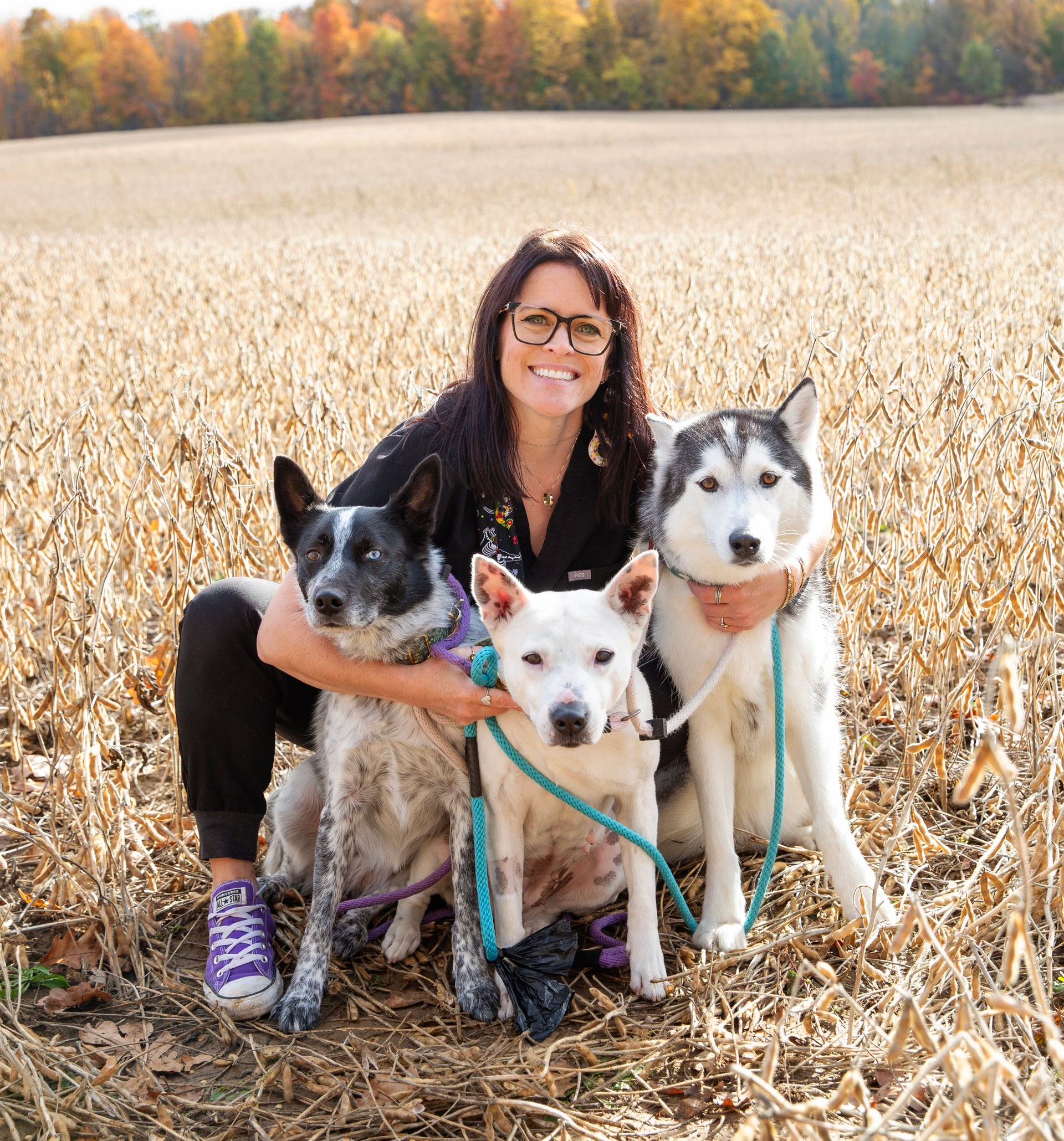 Woman smiles, kneels with three dogs in a field; one black and white, one white, one husky.
