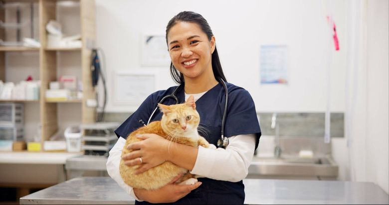 Veterinarian in navy scrubs holding an orange tabby cat, smiling in a clinic setting.
