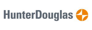 A logo for hunter douglas is shown on a white background