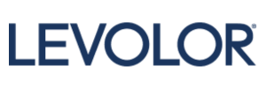 The logo for levolor is blue and white on a white background.
