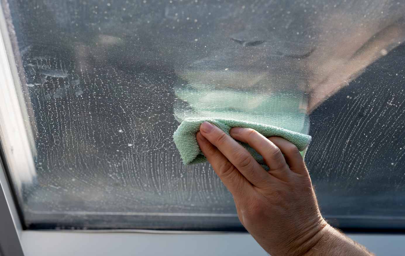 A person is cleaning a window with a cloth.