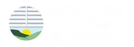 The logo for the Window Fashions Showroom is a white oval with a picture of the sun and mountains in it.
