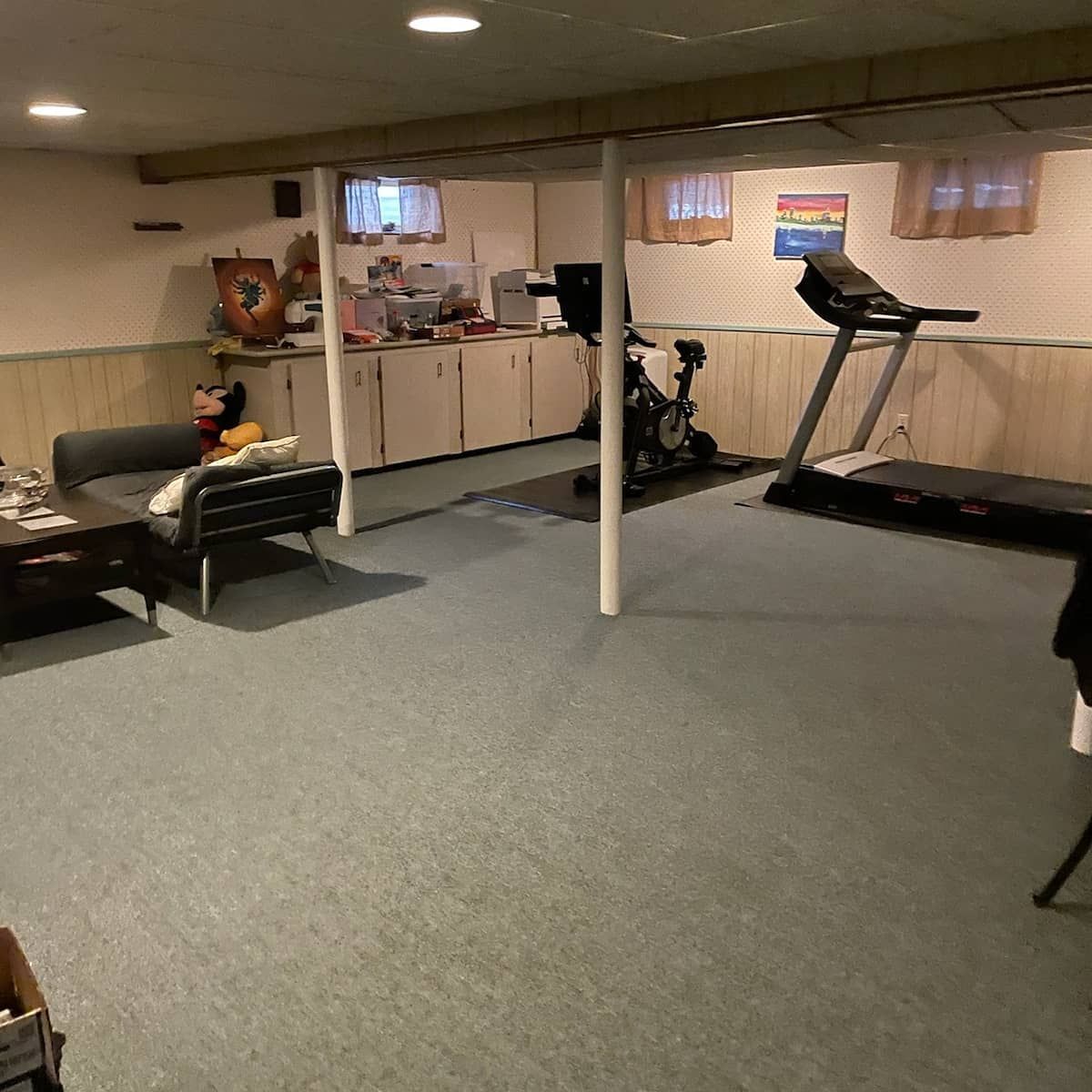 A basement with a treadmill and a bike