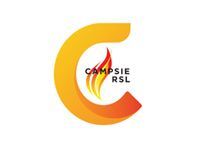 A logo for campsie rsl with a flame in the middle.
