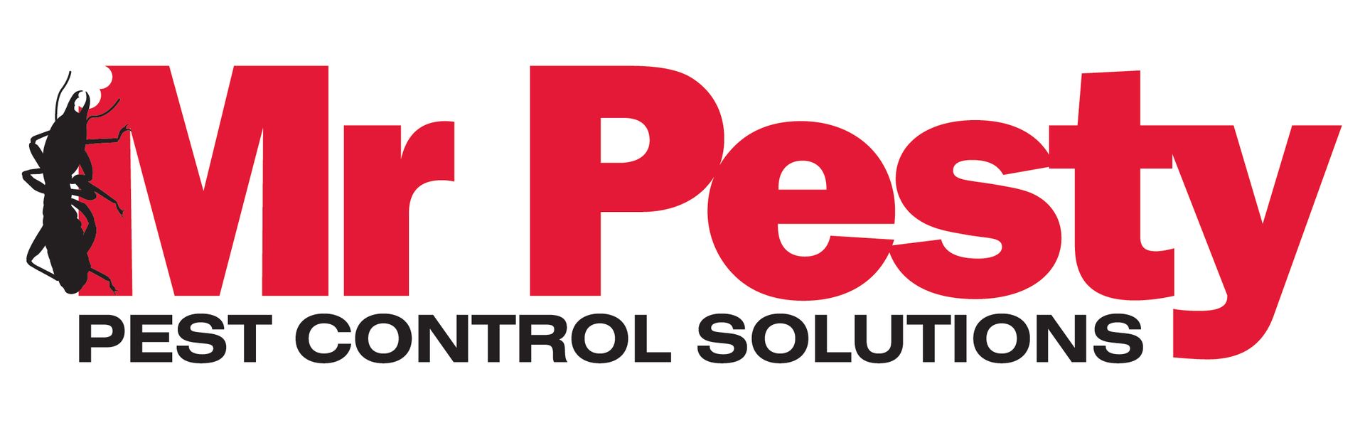 The logo for mr pesty pest control solutions is red and black.
