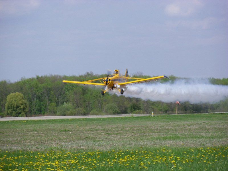 A yellow airplane is flying over a field spraying chemicals.