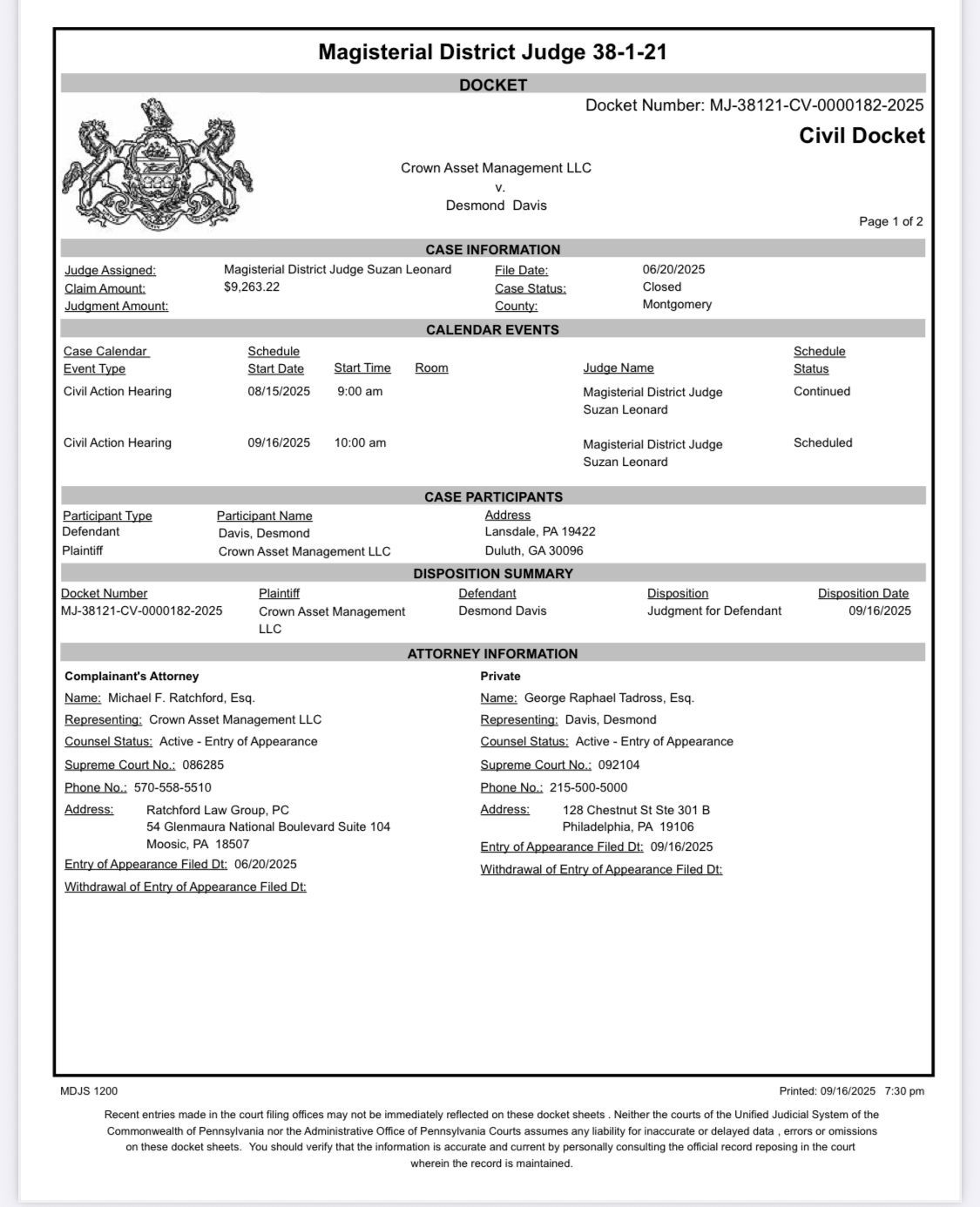 Court document, case details including parties, dates, and court proceedings.