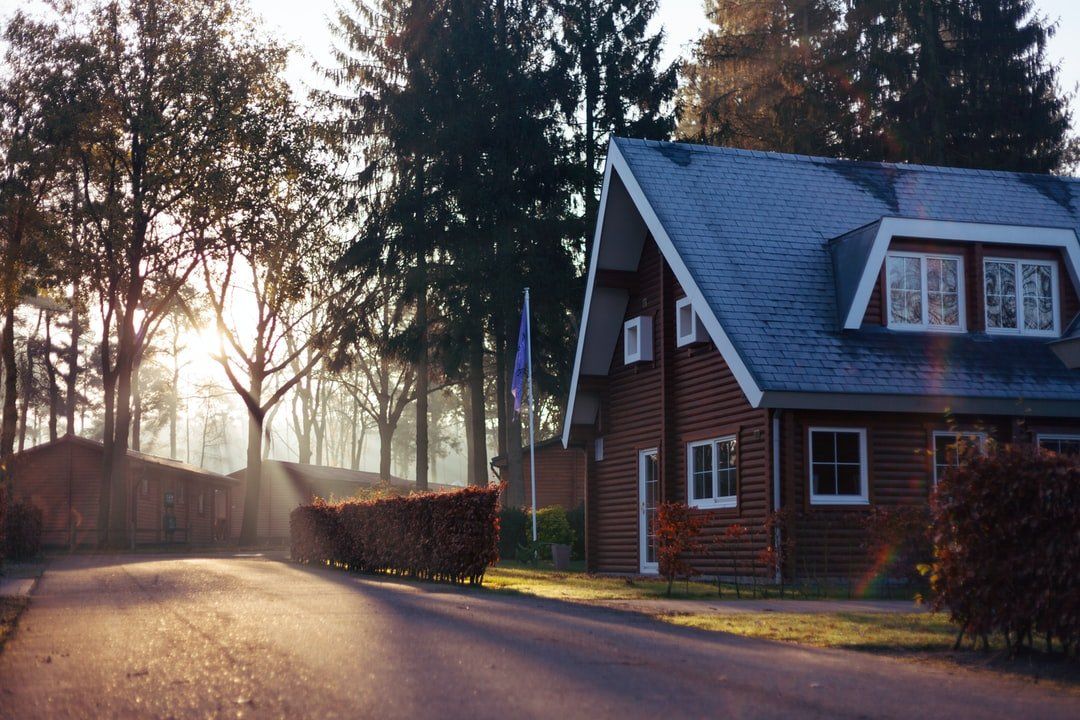 A house is sitting on the side of a road in the middle of a forest.