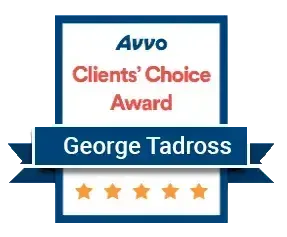 Avvo Clients' Choice Award badge featuring five gold stars and the name George Tadross on a blue banner.